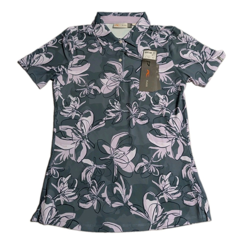 KJUS Enya Printed Polo Womens 36 Gray Lavender Floral Golf Shirt K00484 NWT